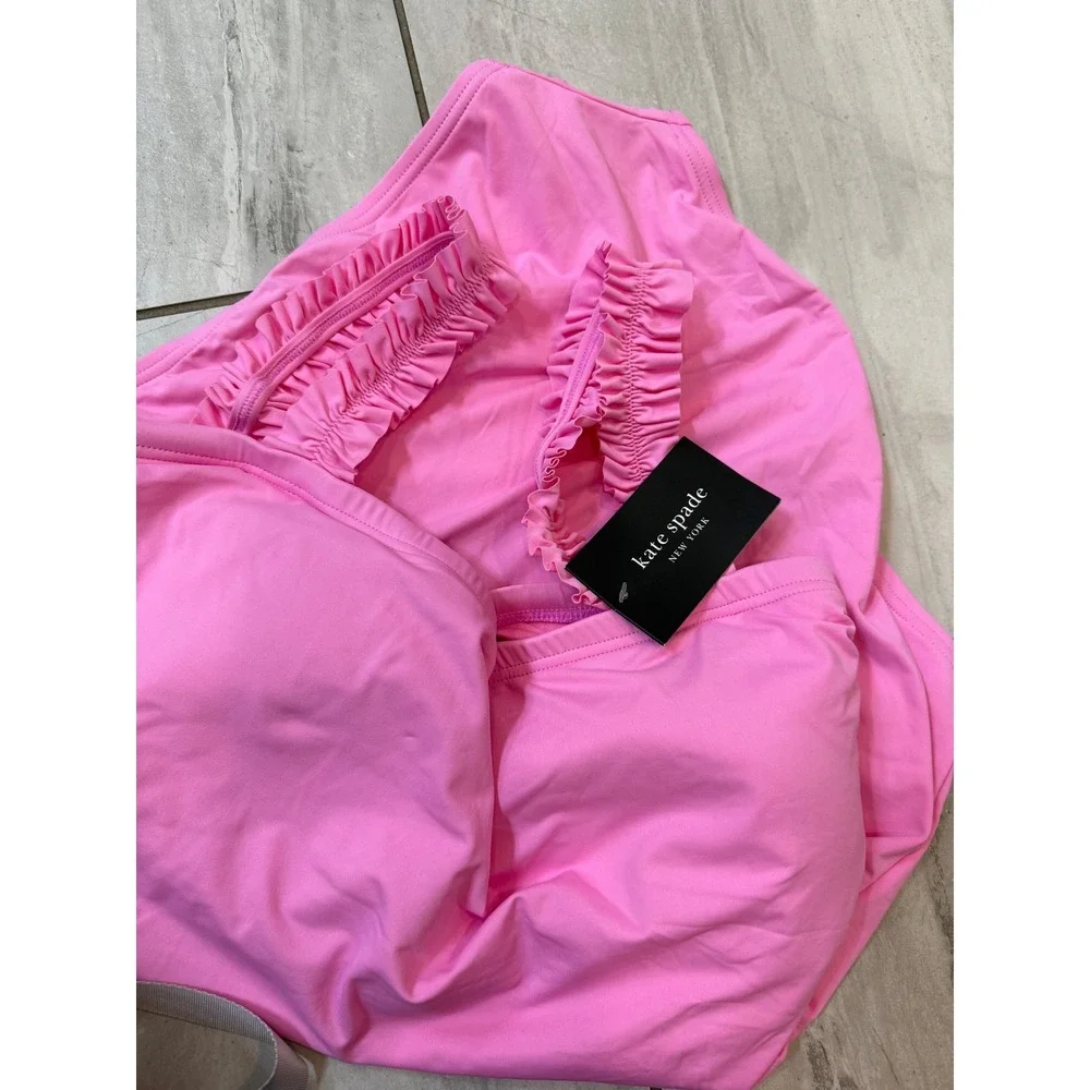 Kate Spade Surf Pink Square Neck Ruffle One Piece Swimsuit S8C331A Large NEW